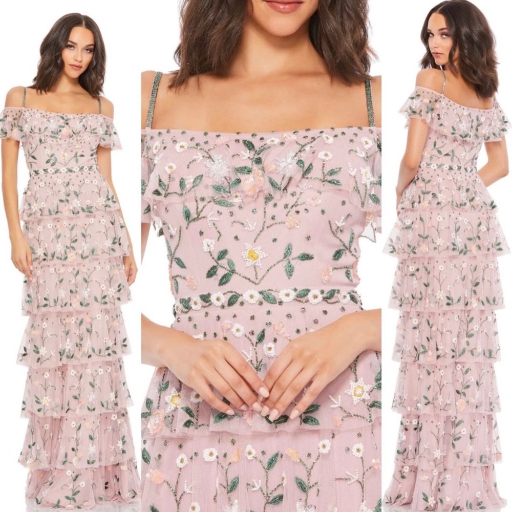 Nwt Mac Duggal Floral Embroidered Beaded Ruffle Tiered Gown Sz 2